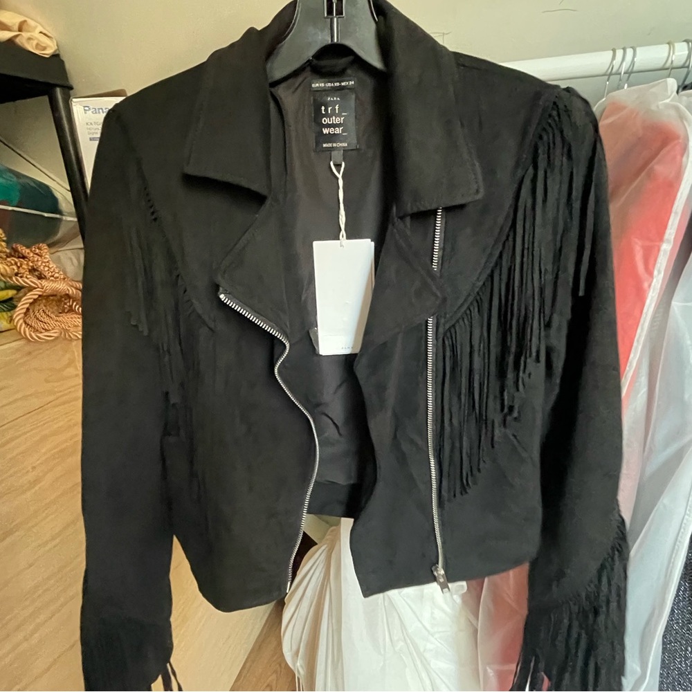 Zara Fringe Suede Jacket in Black, XS, NEW with tags